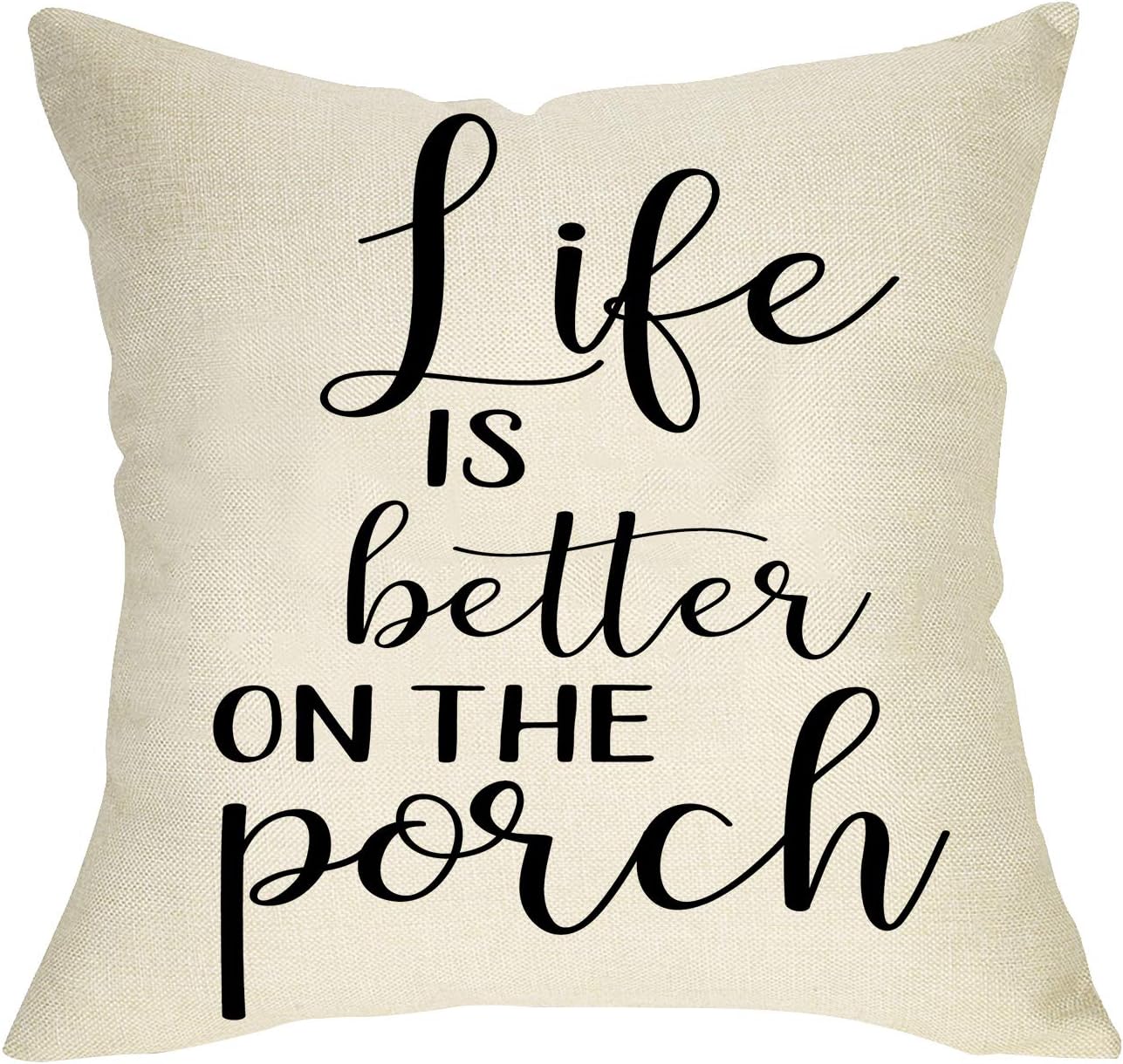 FBCOO Life is Better on The Porch Home Decorative Throw Pillow Cover, Farmhouse Quote Pillowcase Decoration Sign 18 x 18 Outdoor Cushion Cover for Sofa Couch Decor Cotton Line