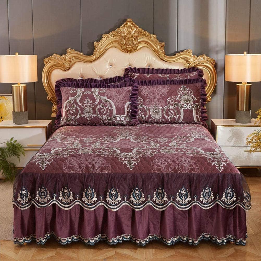 Princess Lace Ruffle Bedspread Bed Skirt, Thick Flannel Printed Bed Sheet Wrap Around Dust Ruffle Bed Skirt,non Slip Wrinkle Free Bed Ruffle Frilled Valance Fitted Sheet-s 180x220cm(71x87inch)