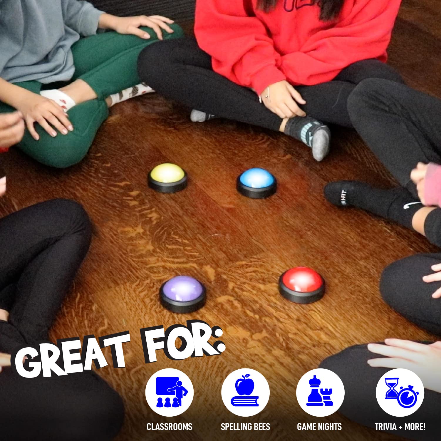 Teacher's Choice 4 Pack Light Up Game Buzzers with Unique Loud Sounds for Each Buzzer | Great for Trivia Games, Family Feud, Jeopardy, Competition, Spelling Bees and More