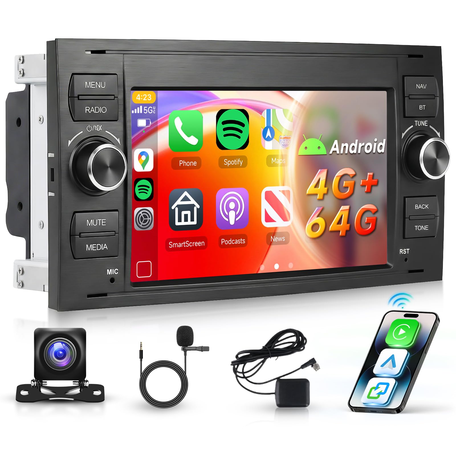 4G+64G Car Radio Stereo for Ford Transit Fiesta Focus Fusion Galaxy Mondeo Kuga with DSP Wireless Carplay Android Auto, Hodozzy 7" HD Touchscreen Radio BT 5.0 GPS WiFi FM Radio SWC Backup Camera