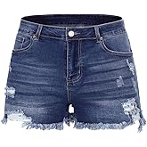 THUNDER STAR Women Mid Rise Ripped Stretchy Jeans Shorts Frayed Raw Hem Casual Denim Shorts