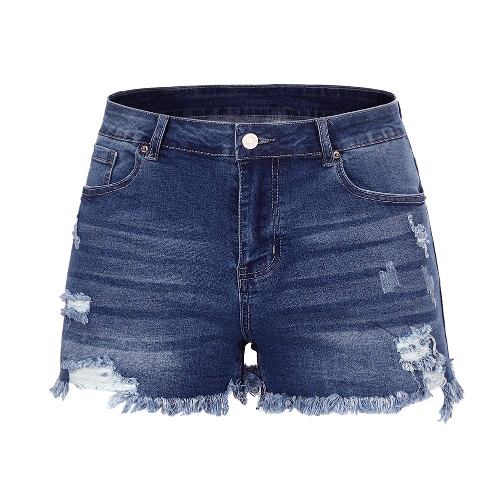 Photo 1 of (medium) (bagged) THUNDER STAR Women Mid Rise Ripped Stretchy Jeans Shorts Frayed Raw Hem Casual Denim Shorts Blue M