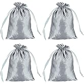 MECCANIXITY Satin Bags with Drawstring, 4x6 Inch Wedding Favor Bag Mini Gift Packaging Bag for Birthday Christmas Jewelry Party (Grey, Pack of 4)