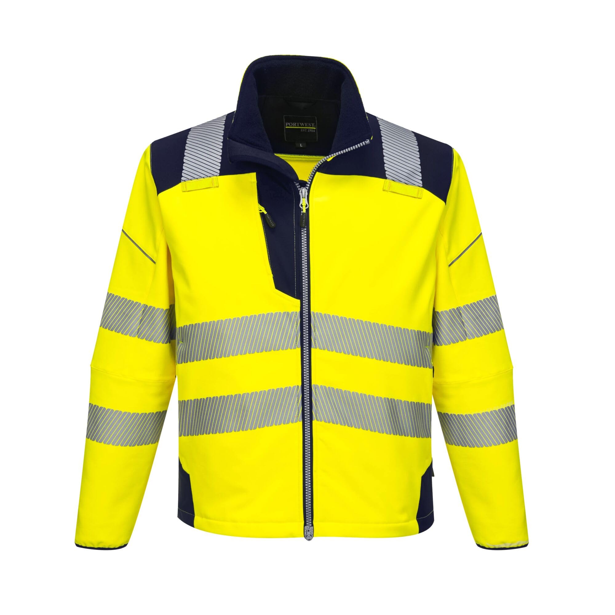 Portwest T402 Men's PW3 Hi Vis Safety Jacket - Windproof Water Resistant High Visibility Reflective Softshell Jacket Yellow/Navy, 3X-Large