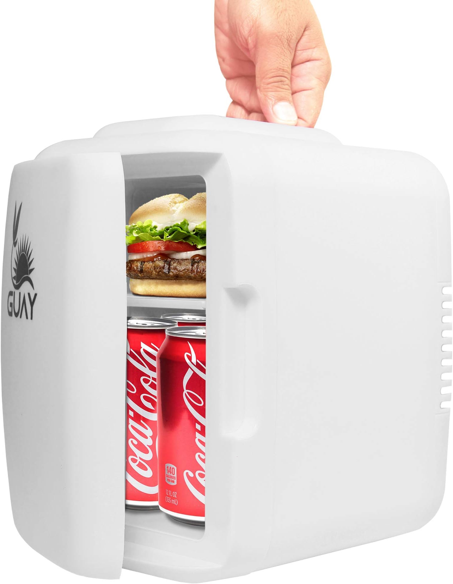 Guay Outdoors Portable Thermoelectric Mini Fridge Cooler and Warmer – Compact 4 Liter / 6 Cans - AC/DC Food Drink Milk Skincare for Car Travel Dorm Camping Home Office Desk and Bedroom - White