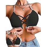 OYOANGLE Women's Front Closure Wireless Bra Metallic Sparkly Strap Criss Cross Y Back Halter Bras