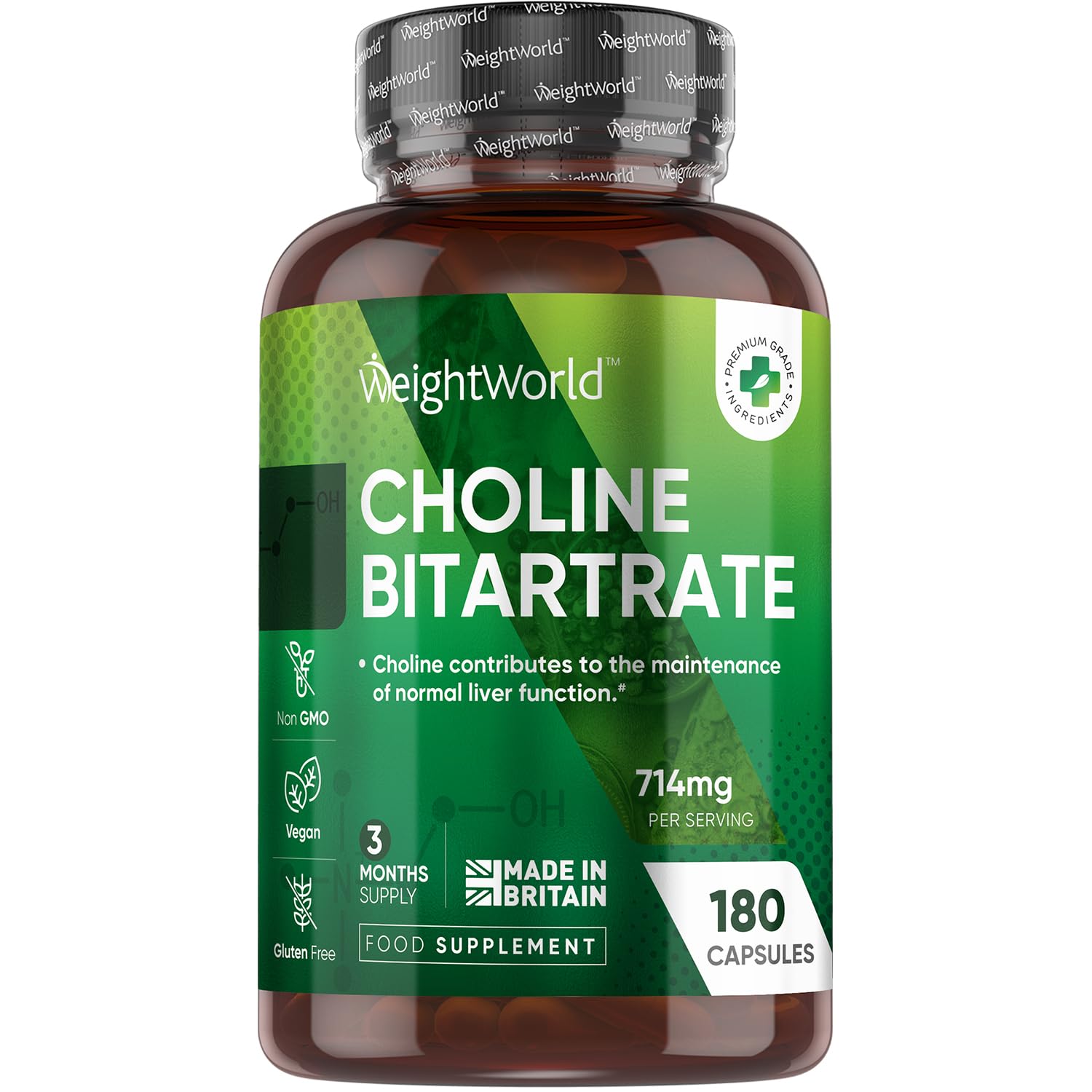 WeightWorld Choline Bitartrate Supplement 714mg | 180 Capsules | 3 Months Supply | Non-GMO & Gluten-Free | Choline Contributes to The Maintenance of Normal Liver Function (EFSA Claims)