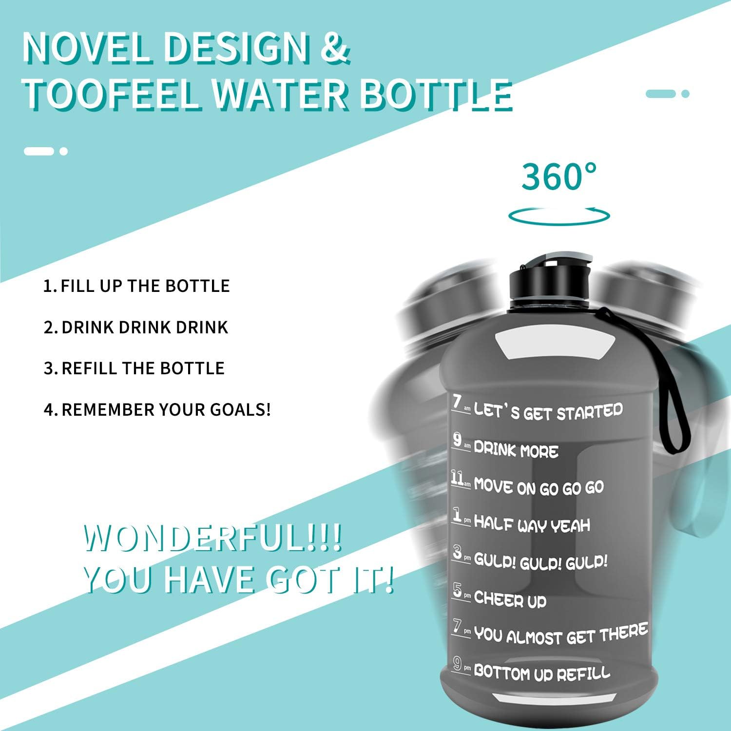 TOOFEEL Dishwasher Safe 2.2L Big Reusable Sports Water Bottle 75oz Half Gallon Water Jug with Mitivational Time Marker Container Large Capacity Canteen BPA Free Leak-Proof for Gym Fitness Athletic