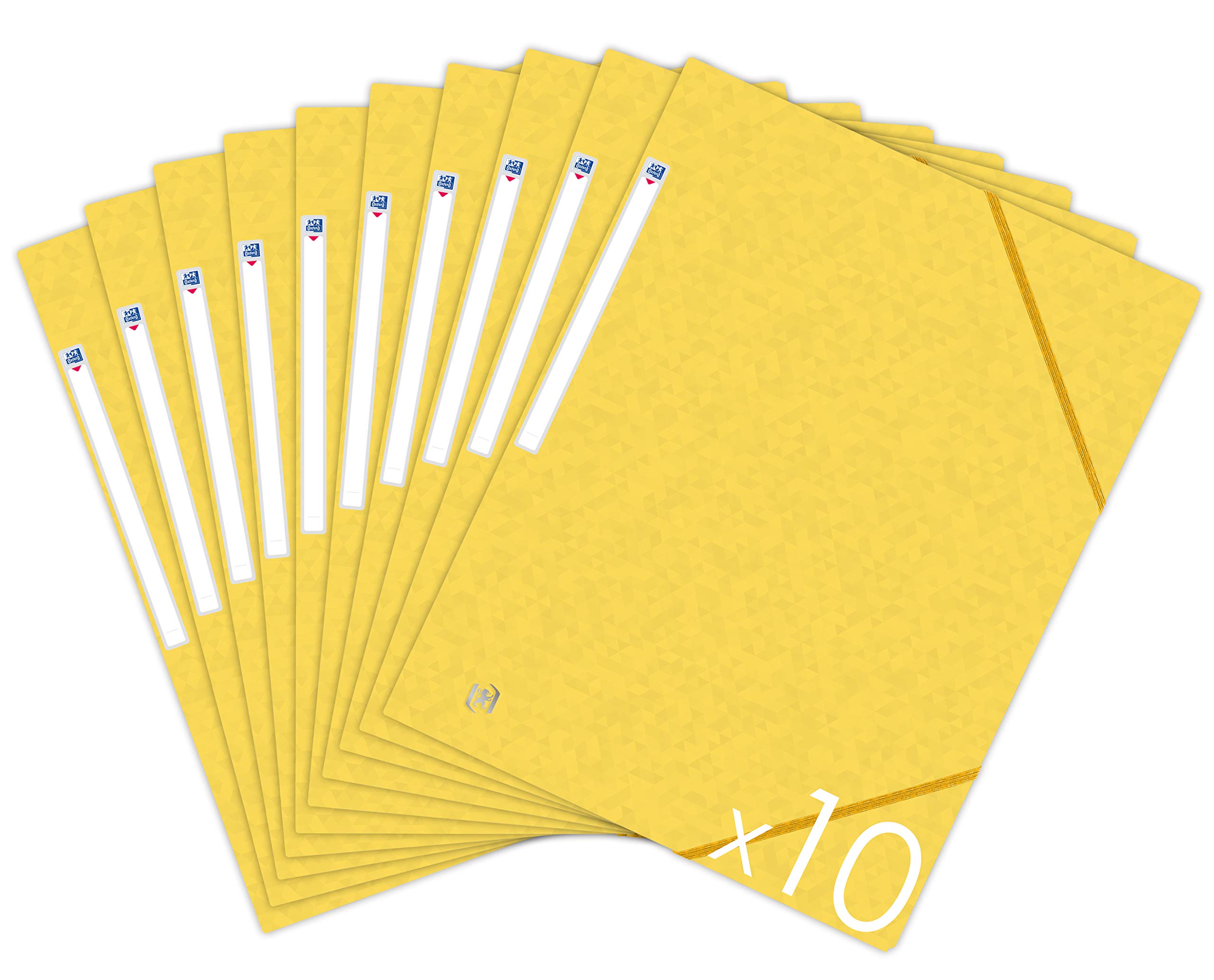Oxford Topfile+ Pack of 10 Cardboard Folders with 3 Flaps, A4, Elastic Closure and Pockets - Yellow
