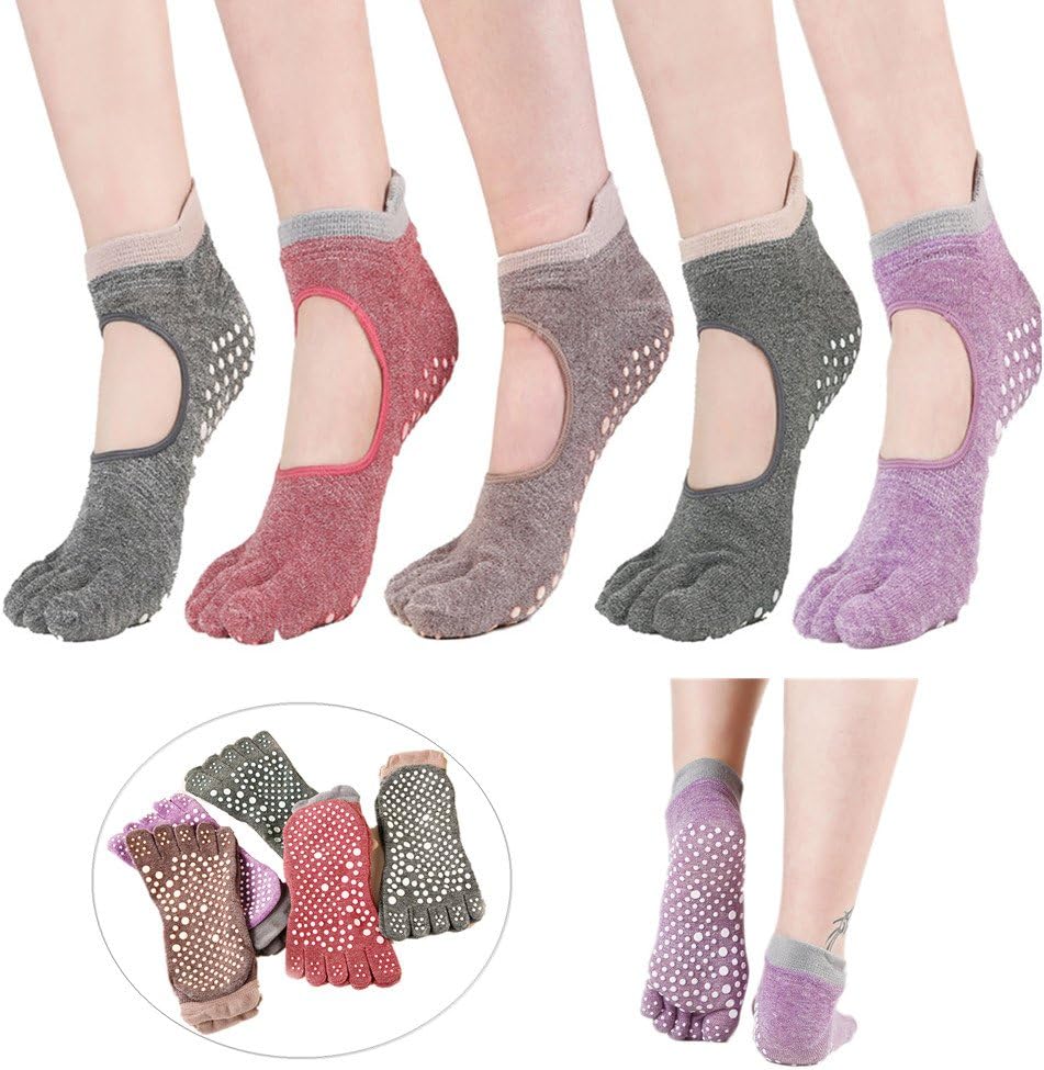 5 Pairs Toe Yoga Pilates Socks Non Slip Skid Barre Sock with Grips for Women & Men