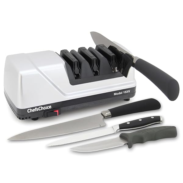 CHEF’SCHOICE 15XV EDGESELECT PROFESSIONAL ELECTRIC KNIFE SHARPENER WITH 100-PERCENT DIAMOND ABRASIVES AND PRECISION ANGLE GUIDES FOR STRAIGHT EDGE AND SERRATED KNIVES, 3-STAGE, GRAY