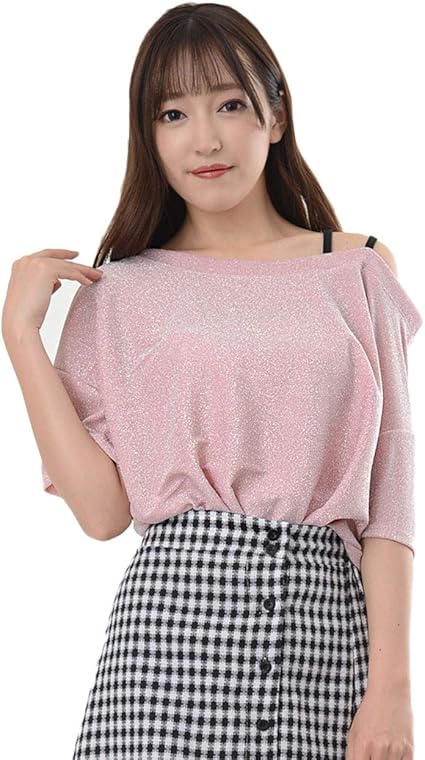 Amazon コウエイストア Koeistore カットソー ワンショルダー ラメトップス 半袖 トップス 大きい ゆったり レディース ピンク Y3093 Pk Tシャツ カットソー 通販