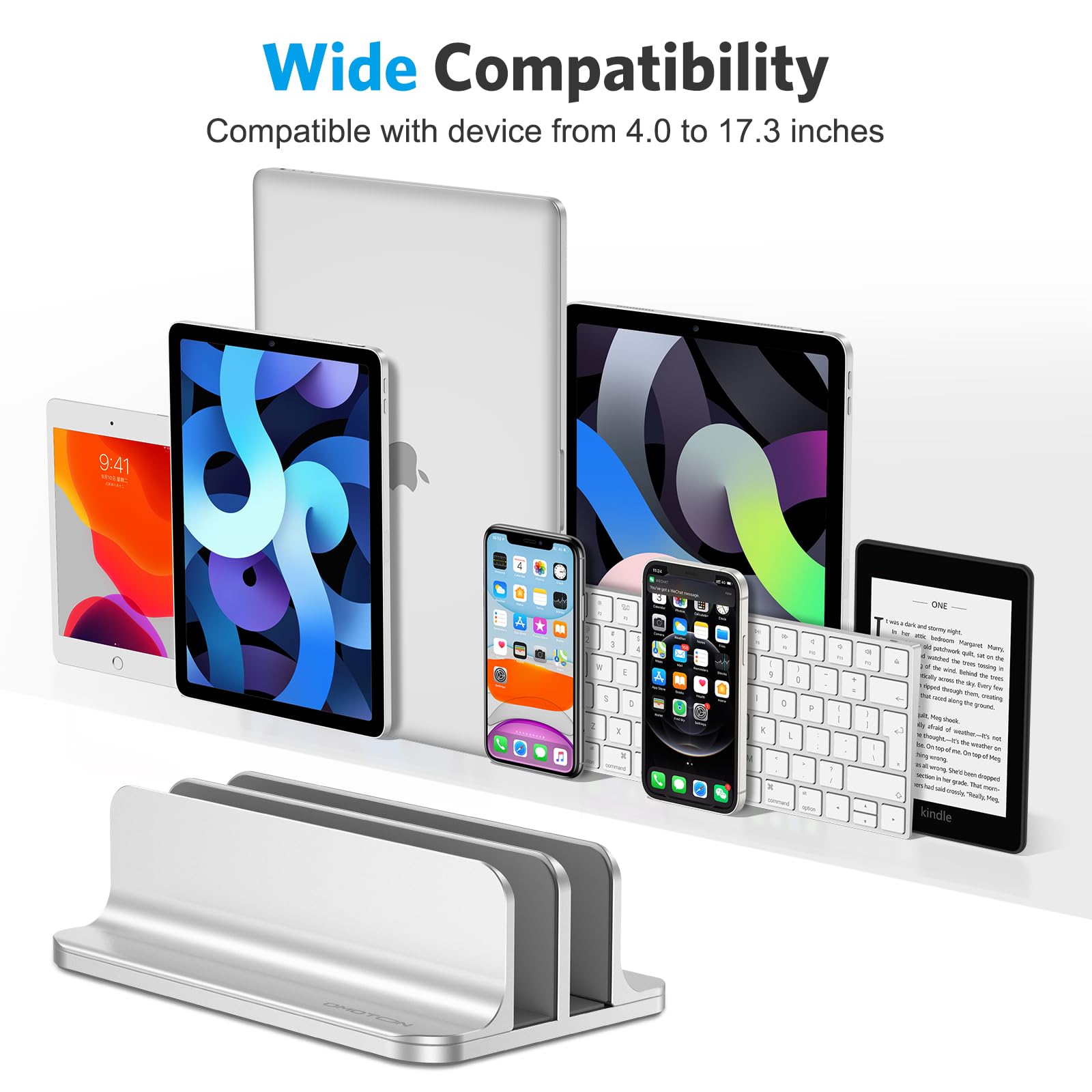 OMOTON [Updated Dock Version Vertical Laptop Stand, Double Desktop Stand Holder with Adjustable Dock (Up to 17.3 inch), Fits All MacBook/Surface/Samsung/HP/Dell/Chrome Book (Silver) - Image 3