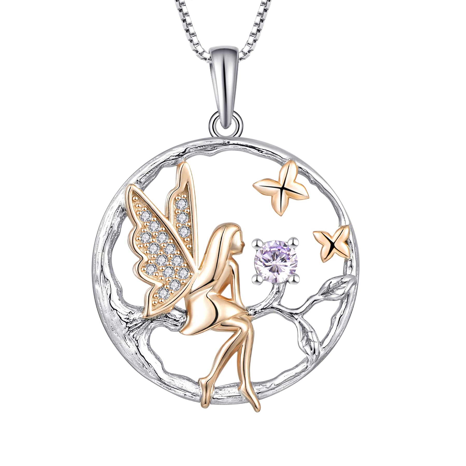 FJ Guardian Angel Necklace 925 Sterling Silver Tree of Life Necklace Fairy Pendant June Birthstone Alexandrite Jewellery for Women — image 1