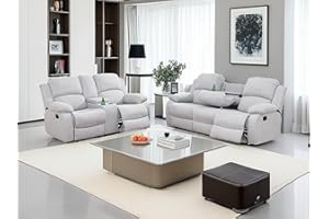 Dekmxas Living Room Furniture Sets 2PCS Fabric Recliner Sofa Set Modern Loveseat Couch Set Manual Reclining Sofa Set with Cup Holders/Storage Console for Living Room/Rv Car (Grey White, Sofa+Loveseat)