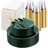 350 Pieces Green Gold Plastic Dinnerware Set, Gold Disposable Plates for Party, Include 100 Green Plates with 150 Plastic Cutlery, 50 Napkins and 50 Cups