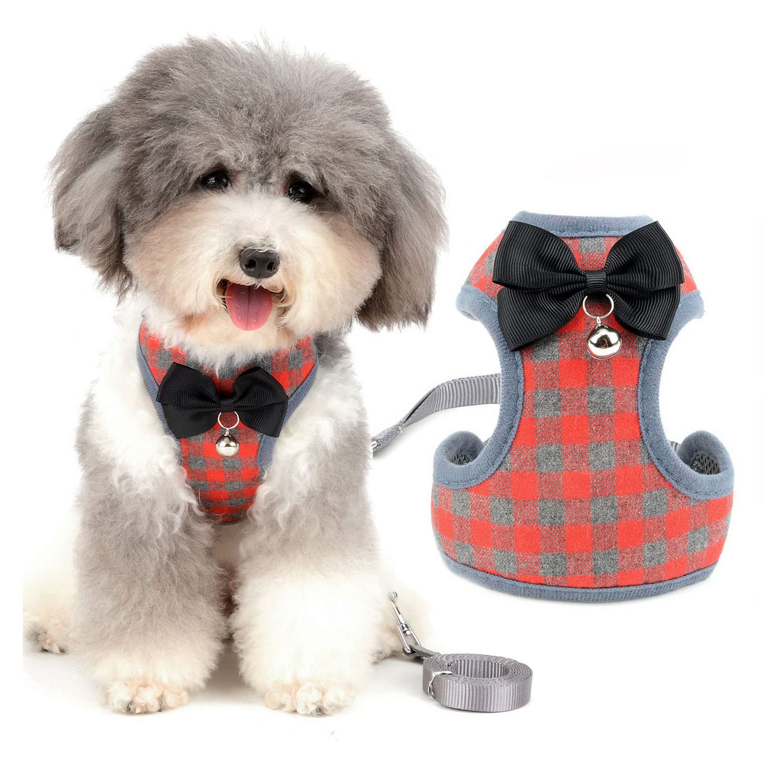 Zunea No Pull Small Dog Harness and Lead Sets Adjustable Soft Mesh Plaid Tuxedo Vest Clothes with Bowtie and Safety Bell for Puppy Chihuahua, Escape proof Cats Harnesses for Walking Red M