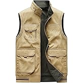 Bychen Men's 100% Cotton Washed Reversible Vest 9 Concealed Pockets Travel Casual Gilet Safari Outwear