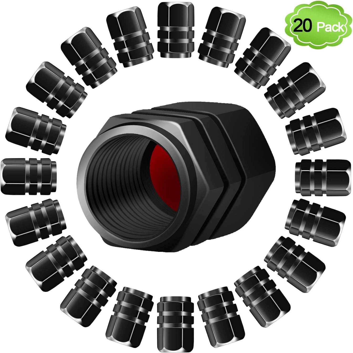 MENOLY Tire Valve Caps (20 Pack) Heavy-Duty Stem Covers (Dustproof, O Rubber Seal, Aluminum Alloy, Hexagon Design) - Black
