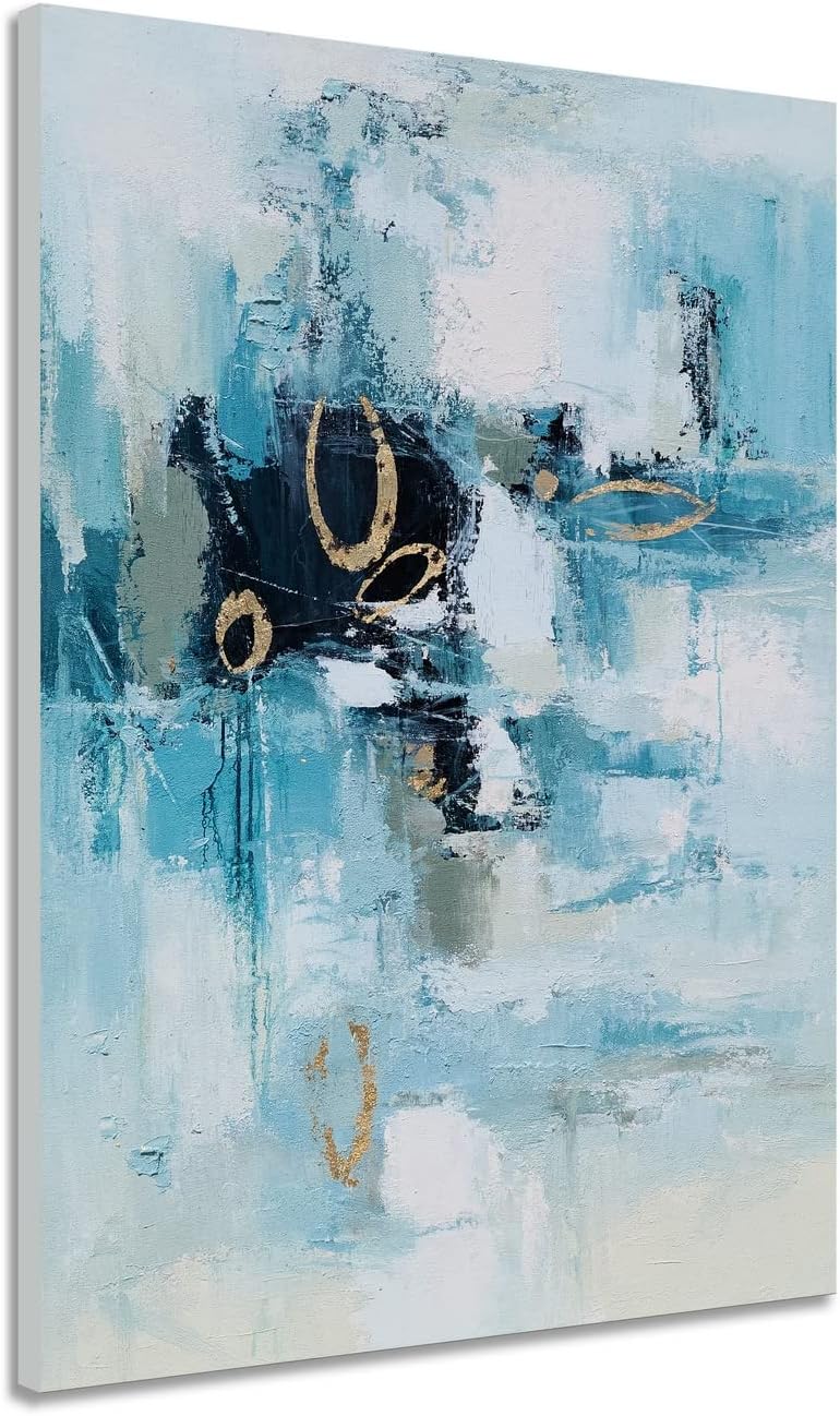 Paintings - YHSKY ARTS Abstract Canvas Wall Art with Gold Foil - Hand Painted Teal Paintings - Vertical Artwork for Living Room Bedroom Bathroom Decor