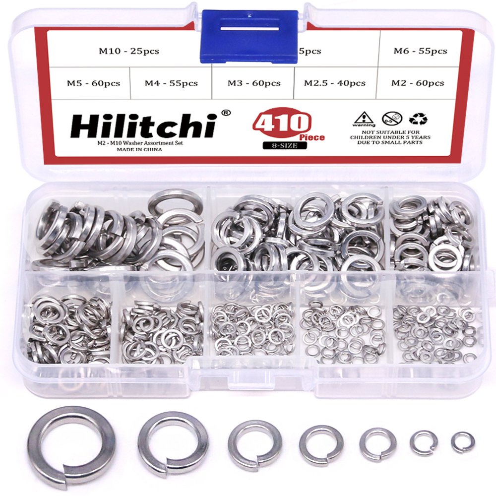 Hilitchi 410-Pcs [8-Size] 304 Stainless Steel Spring Lock Washer Assortment Set - Size Included: M2 M2.5 M3 M4 M5 M6 M8 M10