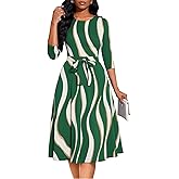 Casual Dresses for Women Midi Church A-Line Fit and Flare Dress Crewneck 3/4 Sleeve Party Dress