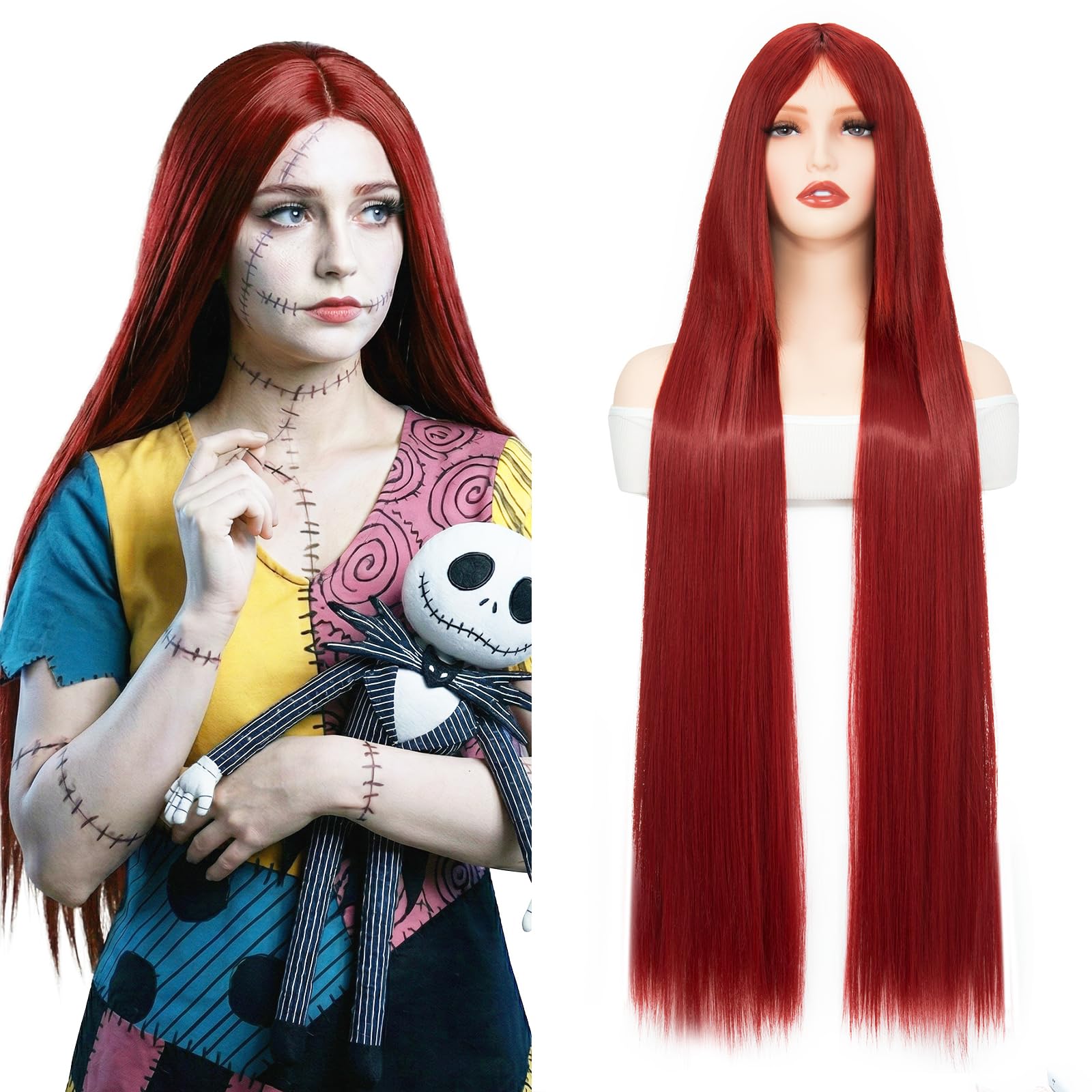 BUYOGET Long Wire Red Wigs with Fringe for Women 40 Inches Straight Wig for Costume Halloween Cosplay Anime Party — image 1