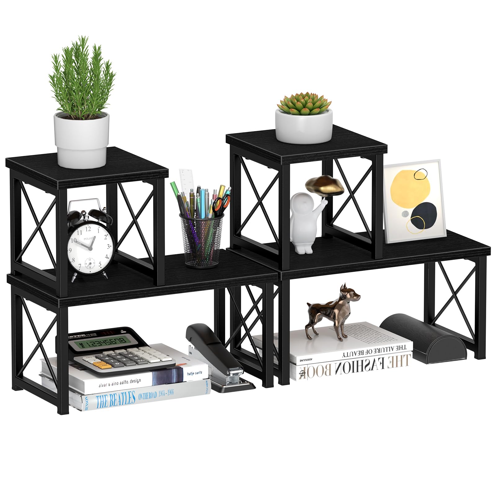 Honiter 2 Sets Desk Shelf, Desktop Organizer Shelf, Freestanding Small Bookshelf Desk Organizer, 2 Tier Independent Stackable Desktop Shelves, Desktop Office Storage Rack Display Shelf, Black Image
