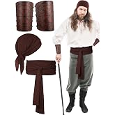 Bencailor 4 Pcs Halloween Pirate Costume for Men Women Pirate Bandana Sash Belt Hat Wrist Braces Halloween Masquerade