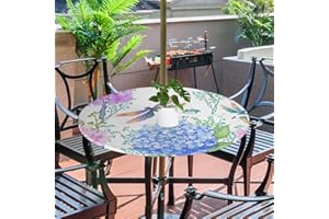 GzLeyigou Fitted Round Tablecloth with Umbrella Hole and Zipper Flowers Hydrangeas Outdoor Elastic Table Cloth 36"-44" Oil-Proof Waterproof Dragonflies Patio Table Cover for Picnic Party