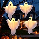 Halloween Decorations Outdoor Indoor,4 Pack Warm Light Up Hanging Ghost Decorations with 3 Light Modes,DIY Arms,Halloween Decor for Porch Tree Patio,Cute and Spooky Design