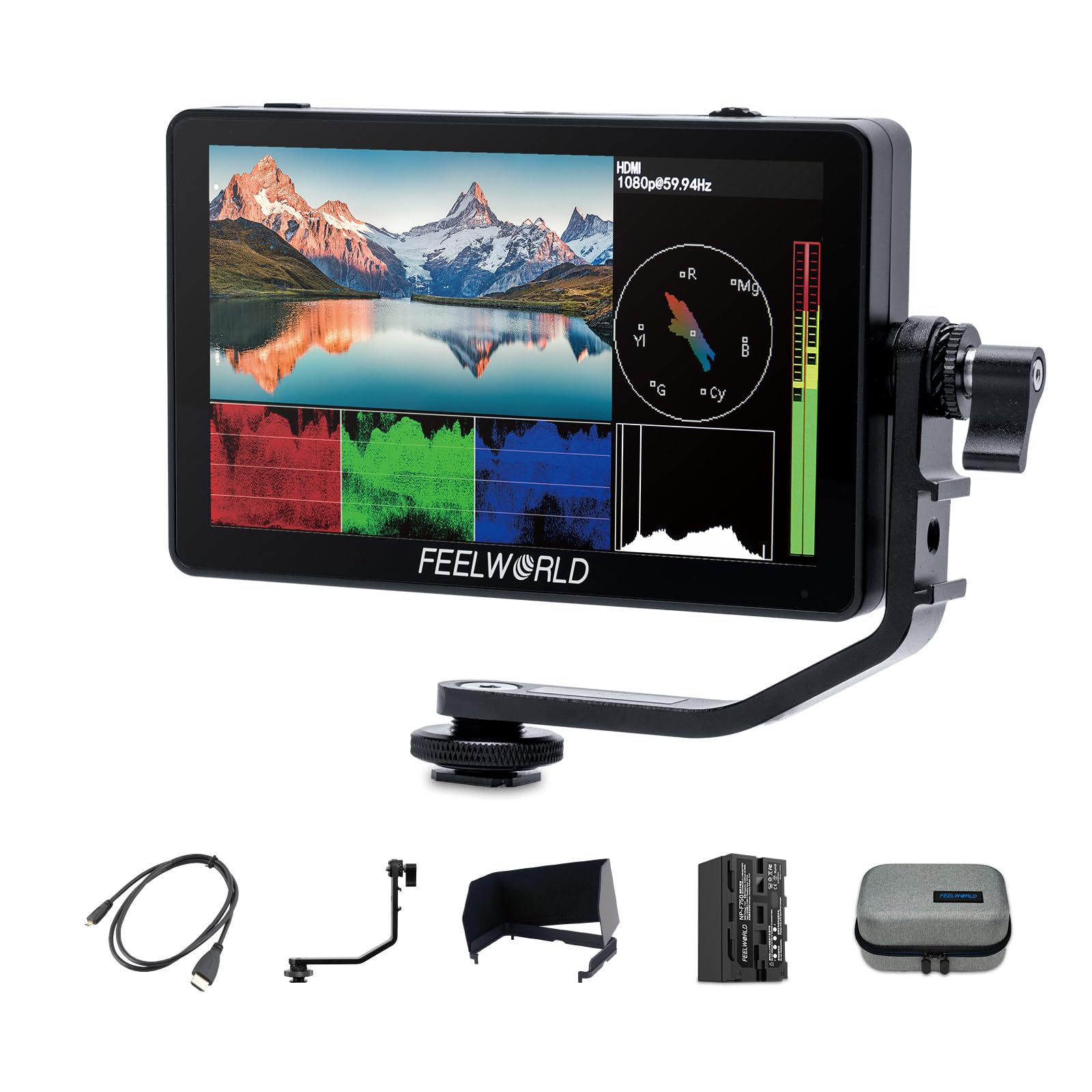 Feelworld F6 Plus 5.5 Inch DSLR On Camera Field Monitor Touch Screen 3D Lut Small Full HD 1920x1080 IPS Peaking Focus Video Assist 4K HDMI 8.4V DC Input Output Include Tilt Arm