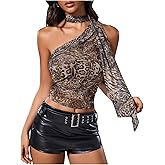 WDIRARA Women's Leopard Print Halter Crop Top Ruched Sleeveless Mesh Shirt with Scarf Y2k