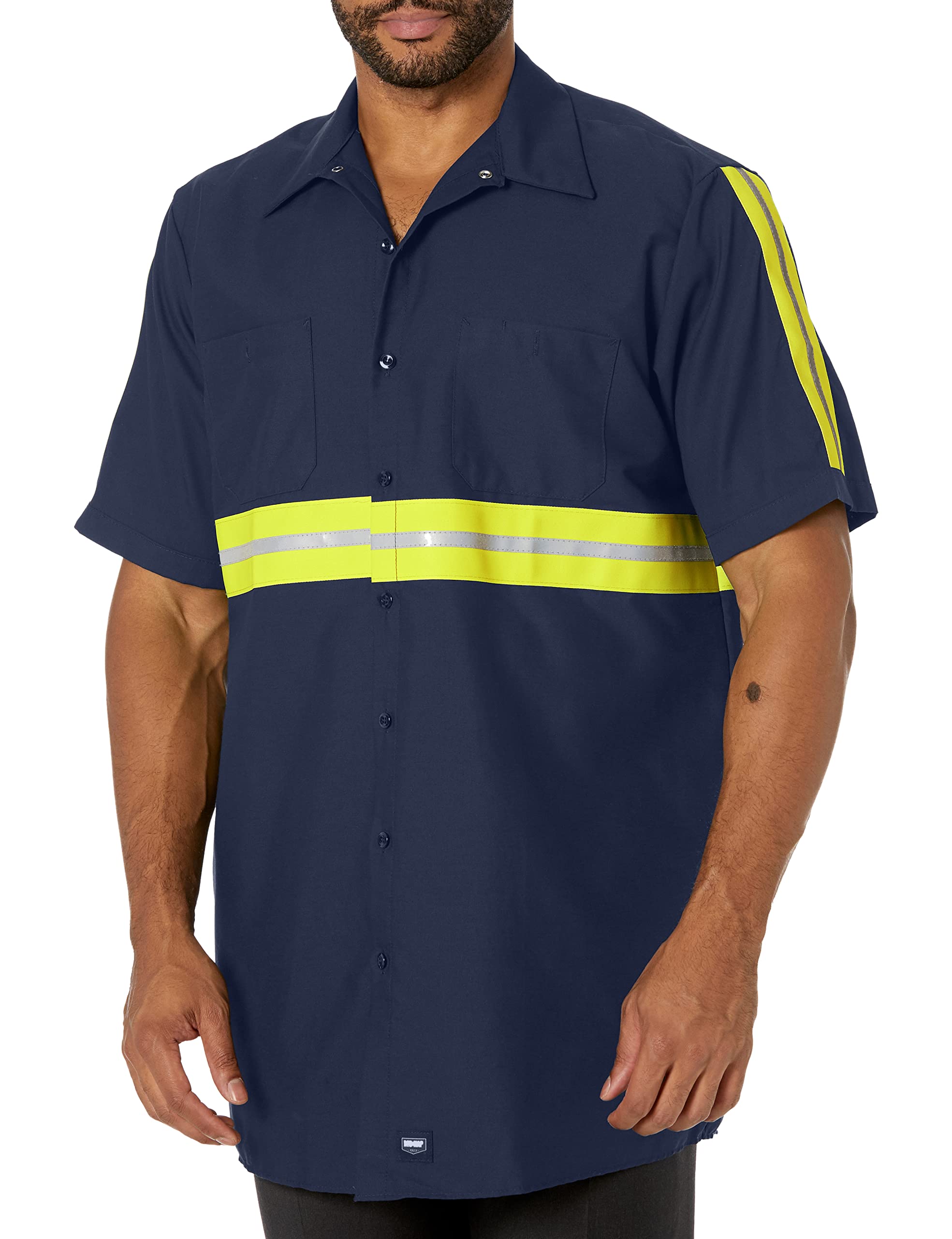 Red Kap Men’s Enhanced Visibility IndustrialWork Shirt , Navy with Yellow/Green Visibility Trim, Short Sleeve Large
