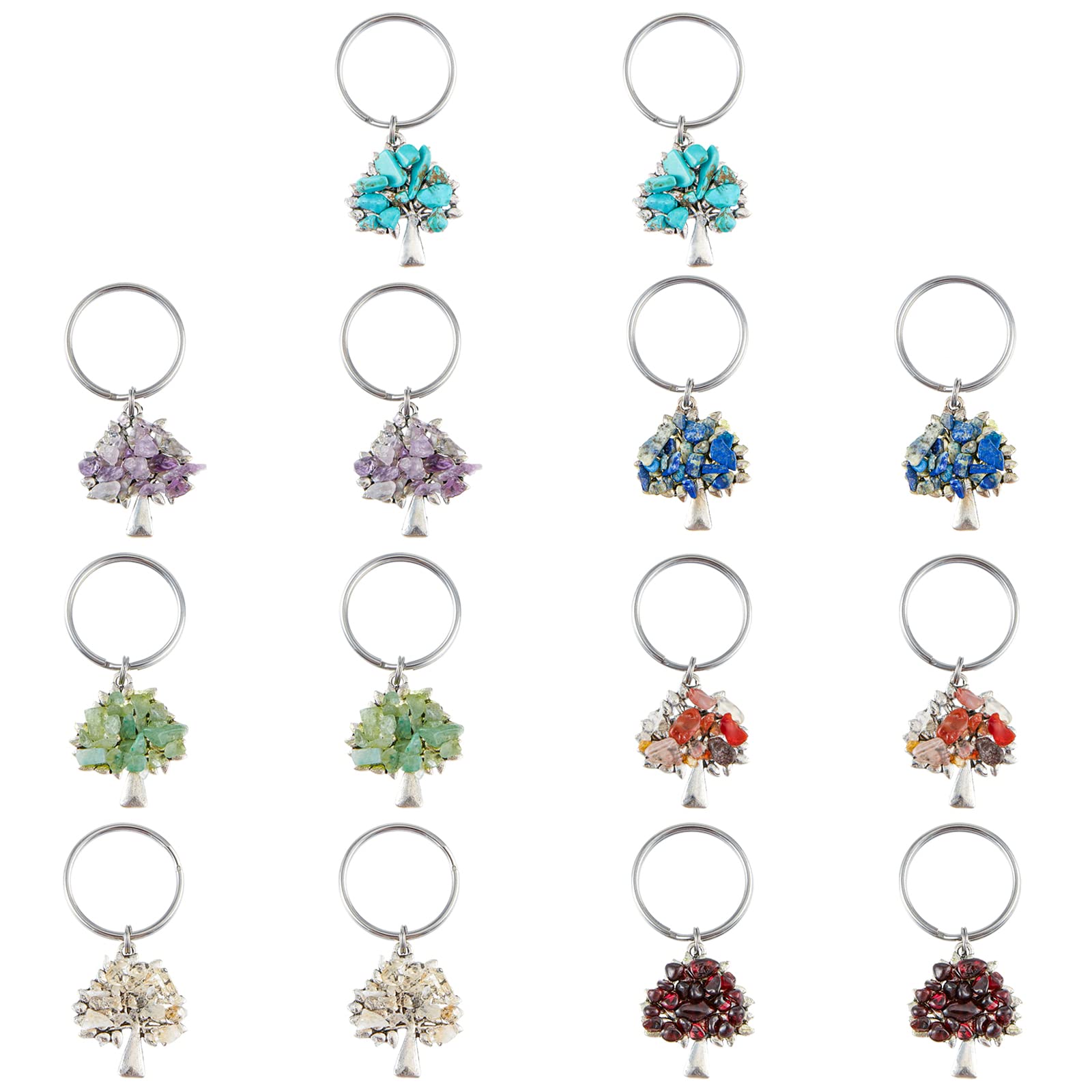 SUPERFINDINGS 14pcs 7 Styles Tree of Life Gemstone Keychains Natural Crystal Stone Handmade DIY Keychain Pendants with Stainless Steel Split Key Rings for DIY Lucky Bag Charms Keyring