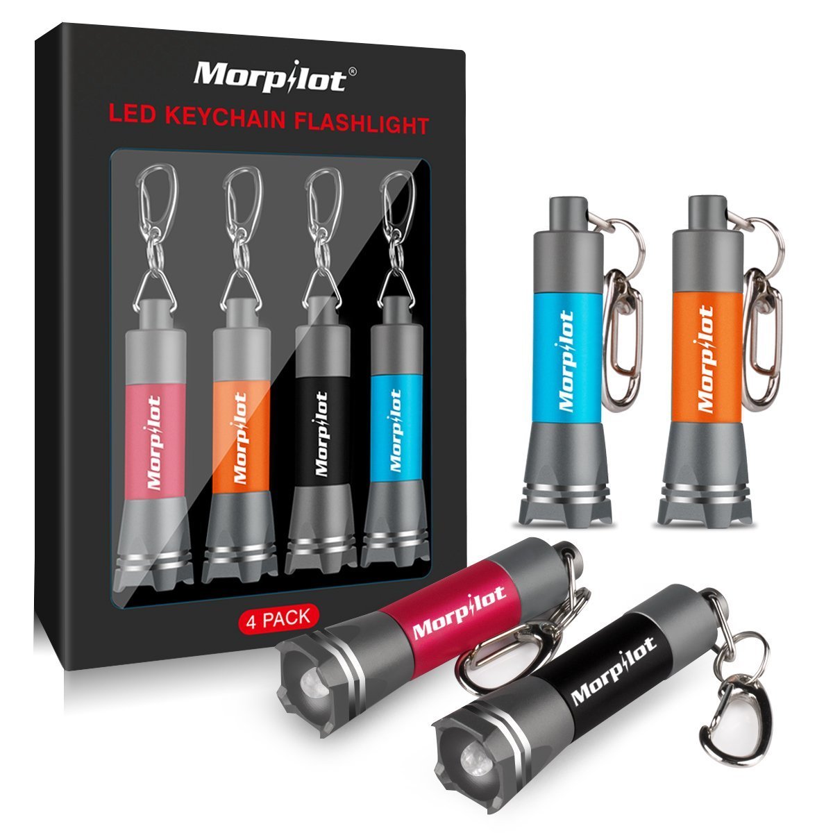 Small LED Torches, Morpilot Mini Keyring Torches with Bright White Light, Portable Small Flashlights for Kids, Durable & Waterproof, 4 Pack (Black, Rose Red, Orange, Blue), Batteries Included