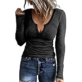 Hount Long Sleeve Shirts for Women Fall Tops V Neck Slim Fitted Ribbed Basic Knit Tee Top