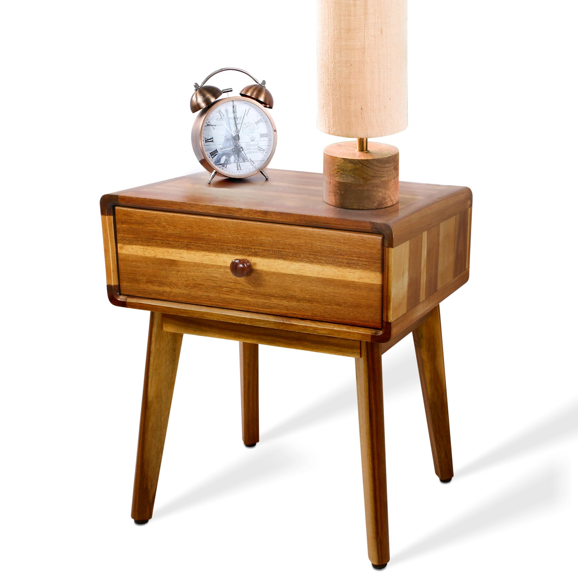 Photo 1 of ENKEZI Small Mid Century Acacia Night Stand with Drawer Dresser, Handcrafted Small Nightstand, Space-Saving Bedroom Side Tables with Acrylic Coating, No Visible Nails