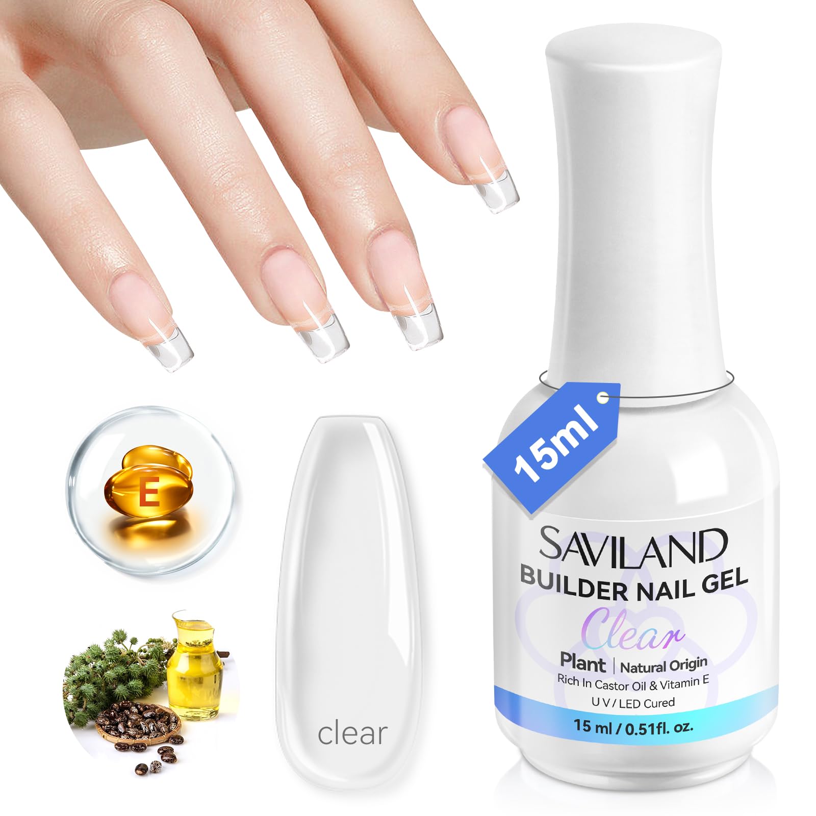 SAVILAND 8 in 1 Builder Nail Gel 15 ml: Clear Builder Gels for Nails Vitamin E & Castor Oil Gel Builder Plant-Based Nail Strengthener Nail Extension Reshape Nail Gel Builder in a Bottle Home Nail Art