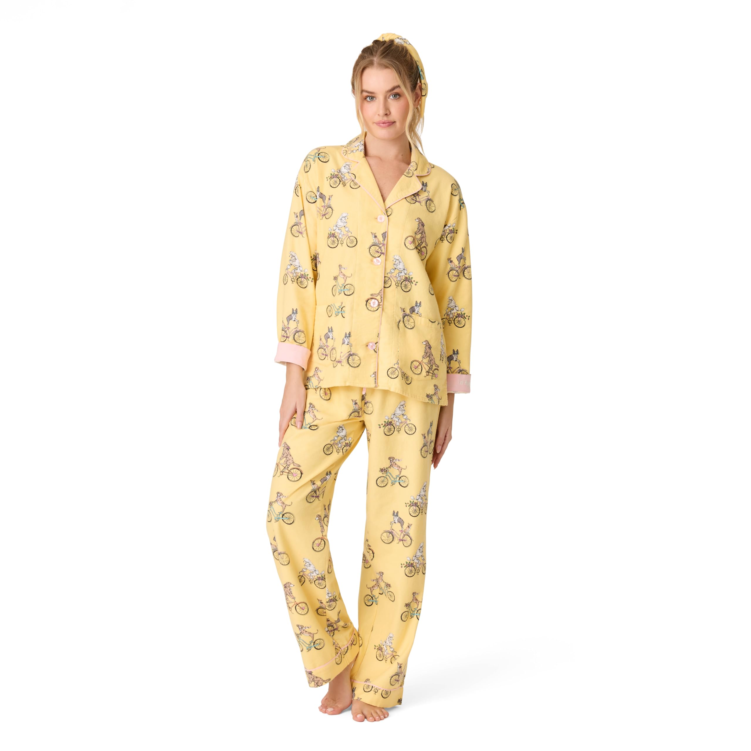 P.J. Salvage Women’s Cotton Flannel Long-Sleeve Top, Pant and Headband 3-Piece Pajama Set, Sunshine, X-Small