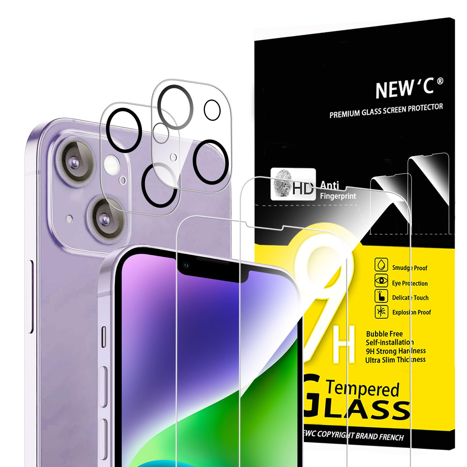 NEW'C 4 Pack, 2 Pack for iPhone 14 Plus Screen Protector (6.7 inch) + 2 Pack Camera Lens Protector, Sensor Protection,Case Friendly Tempered Glass Film — image 1