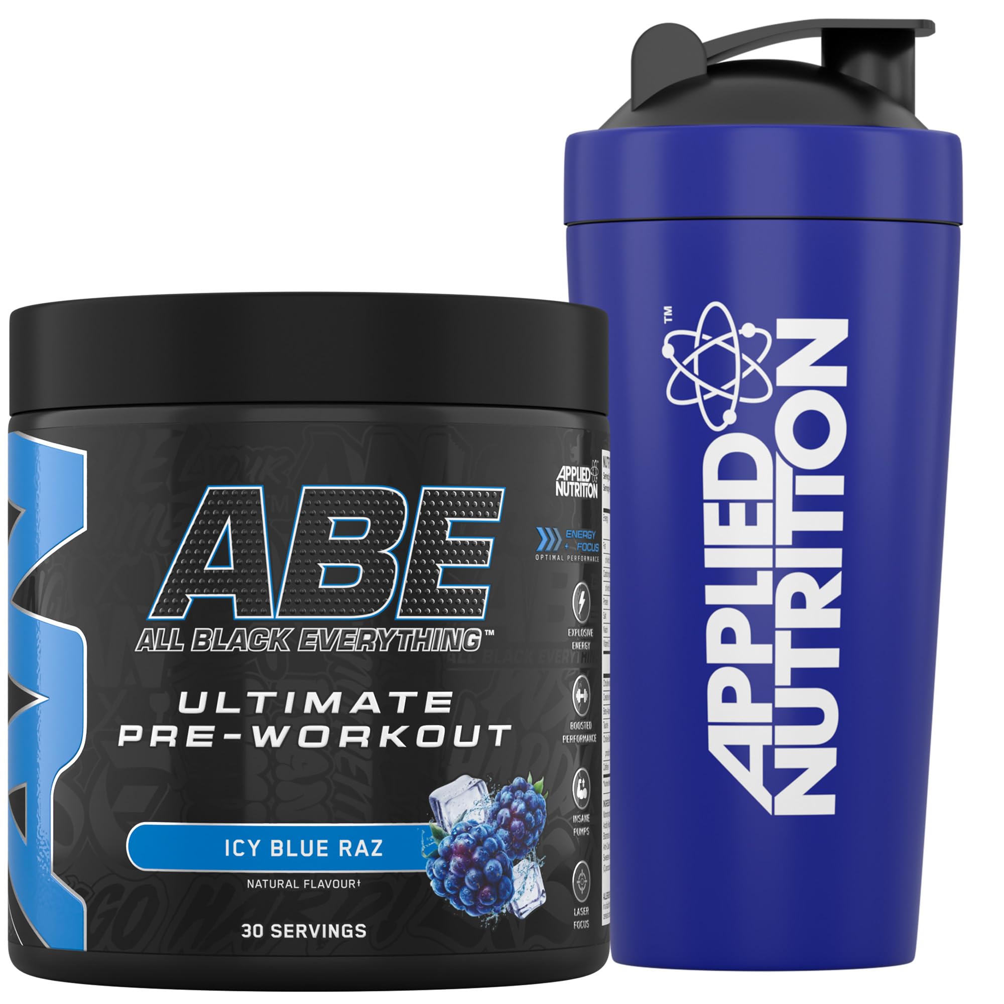 Applied Nutrition Bundle ABE Pre Workout 375g + 750ml Steel Protein Shaker | All Black Everything Pre Workout Powder, Energy & Physical Performance, Creatine, Beta Alanine (ICY Blue Raz)