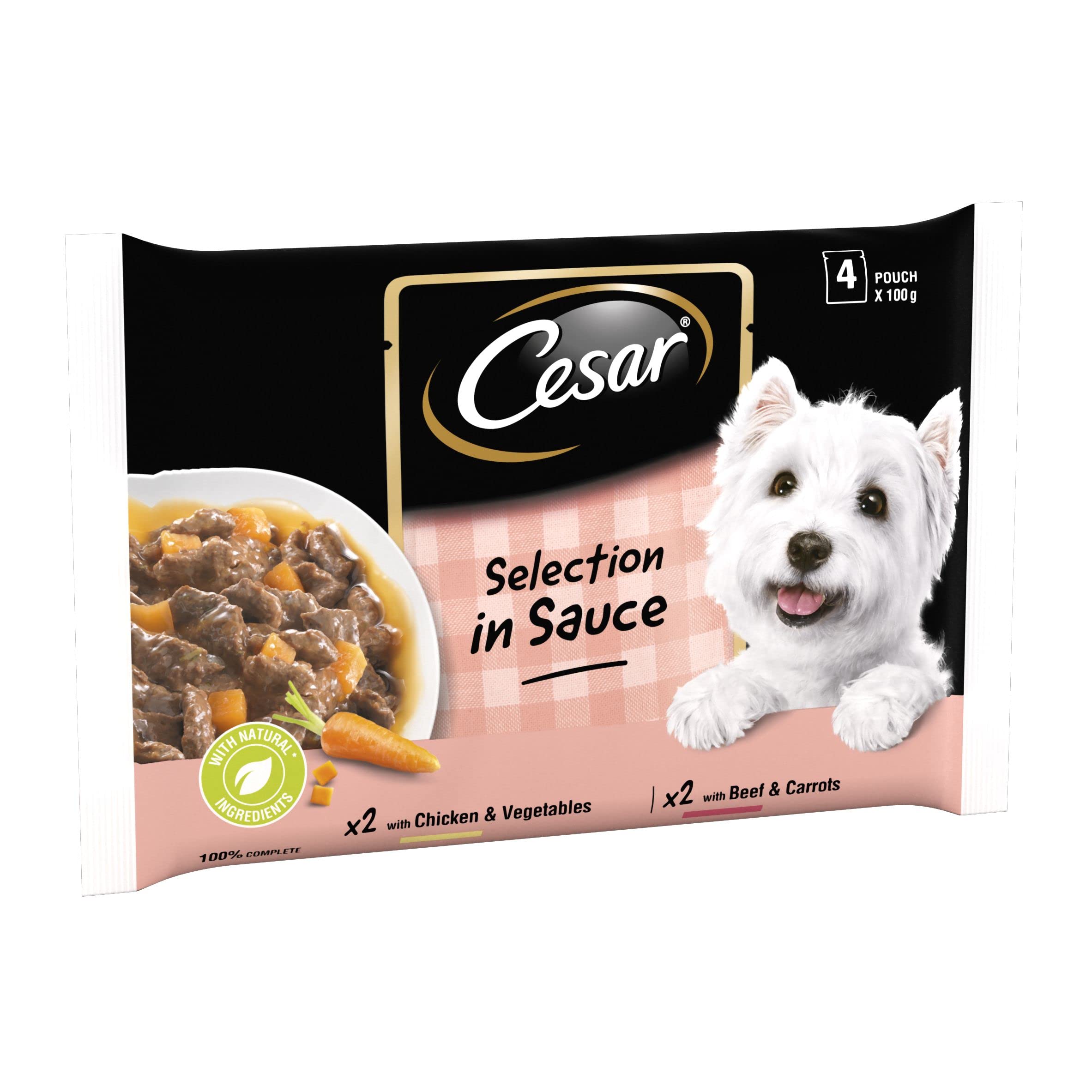 Cesar Pouch Selection in Sauce, Fresh Adult Wet Dog Food Pouches in Delicious Sauce with Succulent Meats and Vegetables, 52 x 100 g