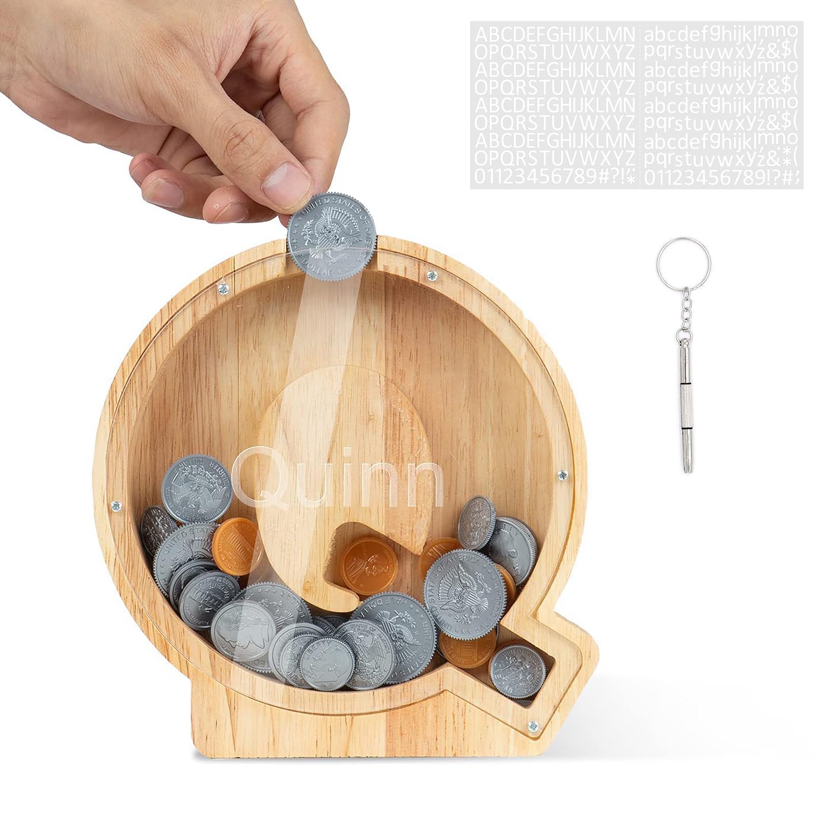 DONJIM Personalized Wooden Money Box, 7" Letter Piggy Bank, Clear Money Gift Box, Detachable Money Jar, with DIY Alphabet Stickers and Screwdriver, Alphabet Q Money Tin