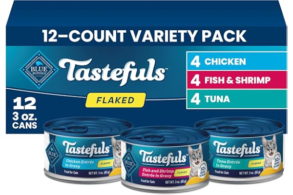 Blue Buffalo Tastefuls Variety Pack Wet Cat Food, 3 oz, 12 ct | Tuna, Chicken & Fish and Shrimp Entrées in Gravy (4 of Each), No Corn, Wheat, or Soy