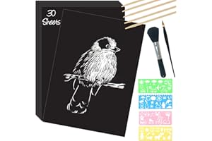 ZOCONE Scratch Paper Art Set, 30 Sheets 8x11in Black Coated Scratchboard Large Scratch Paper with Wooden Styluses and Stencils, DIY Scratch Painting Art Paper for Kids Adults Birthday Christmas Gift