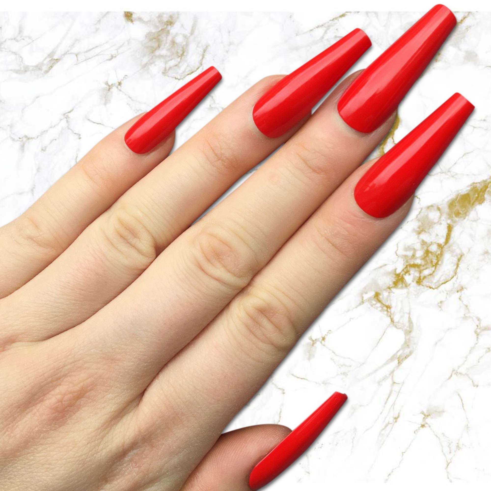 ALLKEM Red Extra Long Coffin Press on Nails Long Ballerina False Nail - Tips 20 pcs Full Cover Acrylic fake Nails 10 Sizes