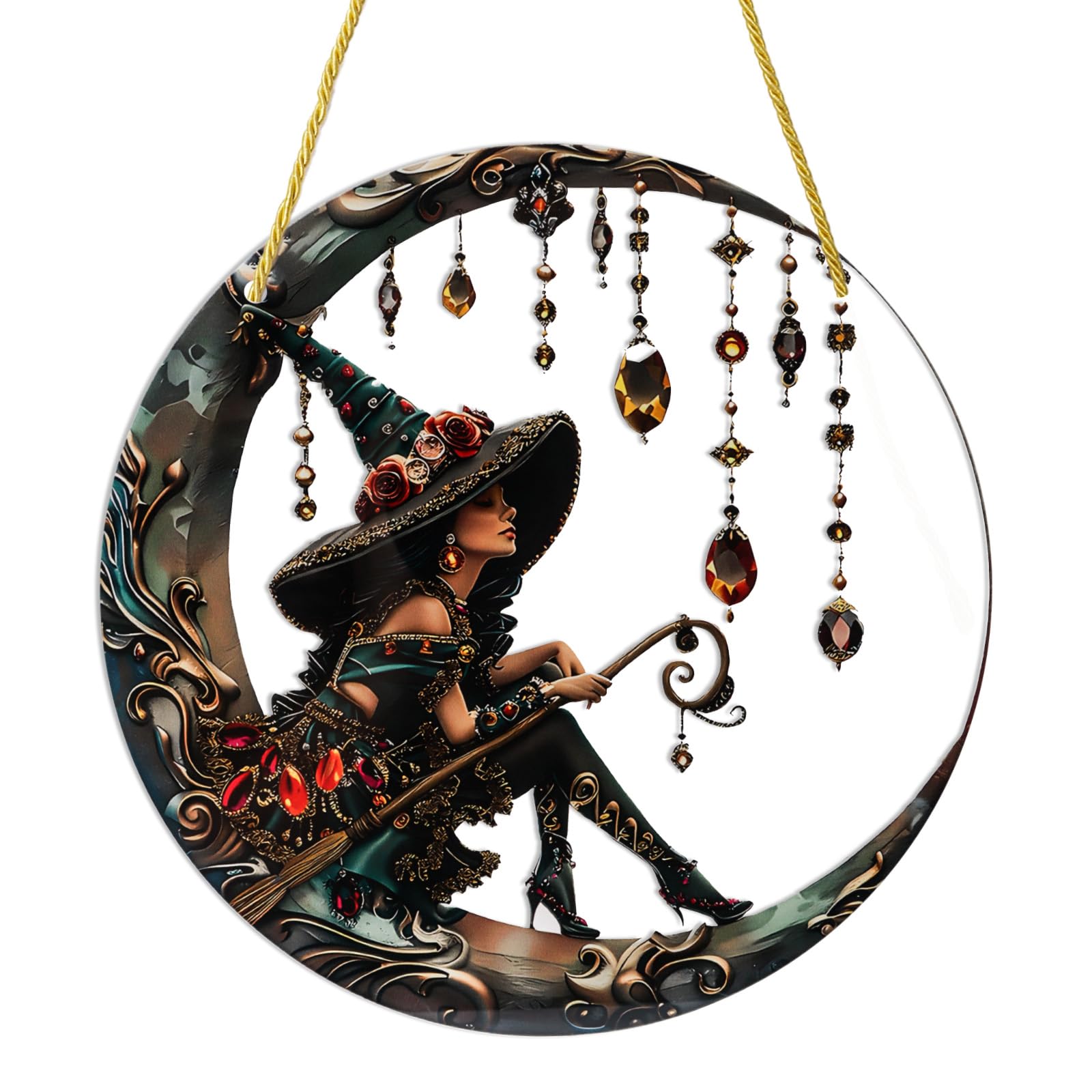 Sun Catchers for Windows, Witch Suncatchers Cat Witch Moon Vintage Acrylic Flat Suncatcher, Window Hanging Decoration Witch Gifts Car Garden Gothic Ornaments(20 * 20 cm)