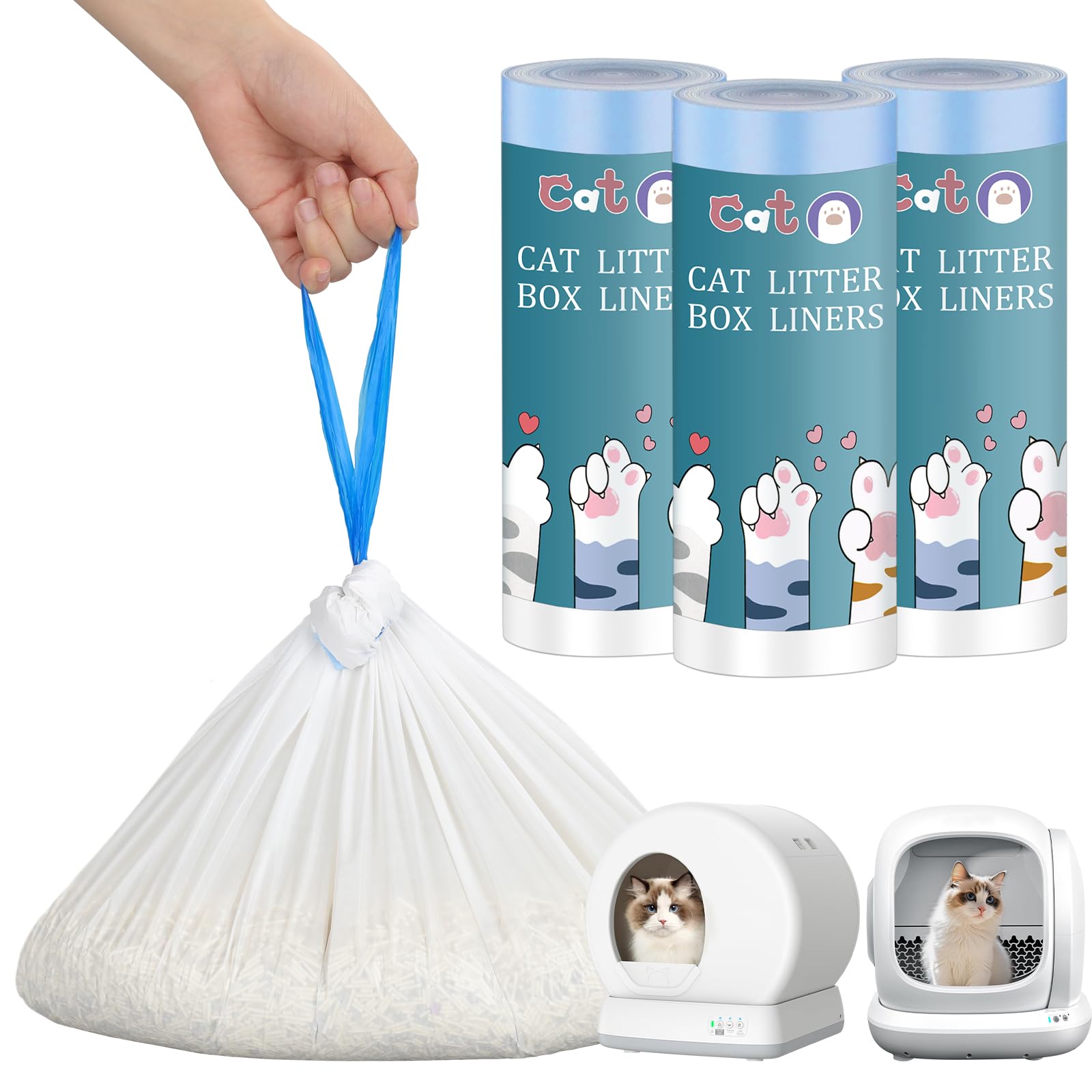 Photo 1 of 60 Count Self-Cleaning Cat Litter Box Liners for Meowant MW-SC01 and MW-SC02 Automatic Cat Litter Box, Drawstring Heavy Duty Waste Bags, Leak-Proof Disposable Trash Bags - 18" x 12.6"