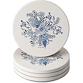 Thirstystone Blue & White Floral 4 Pack Absorbent Stone Coasters with Protective Cork Backing Manufactured in The USA Artistic Easily Wipes Clean